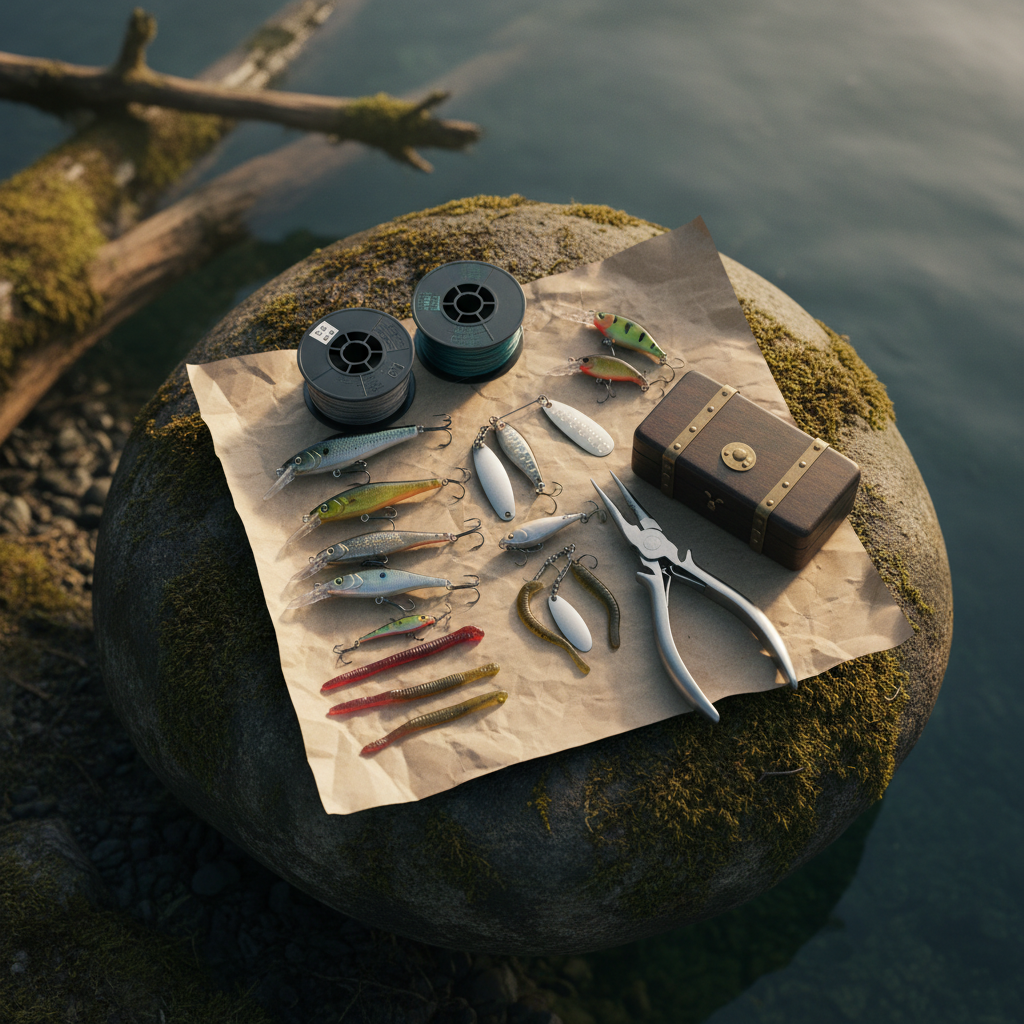 Mise à plat de matériel de pêche sur pierre moussue